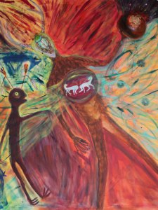 4EW-3432-3-DEER SHAMAN,48in.X60in.Acrylic,-Mixed-Media-on-Canvas